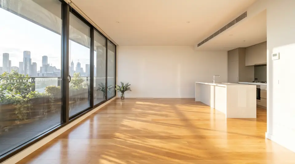 Sun-lit living room with gleaming floors